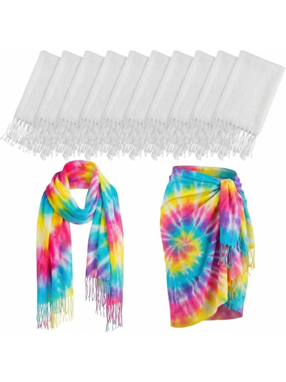 10 Pcs Blank White Tassel Scarves for Tie Dye, DIY Fashion Accessories